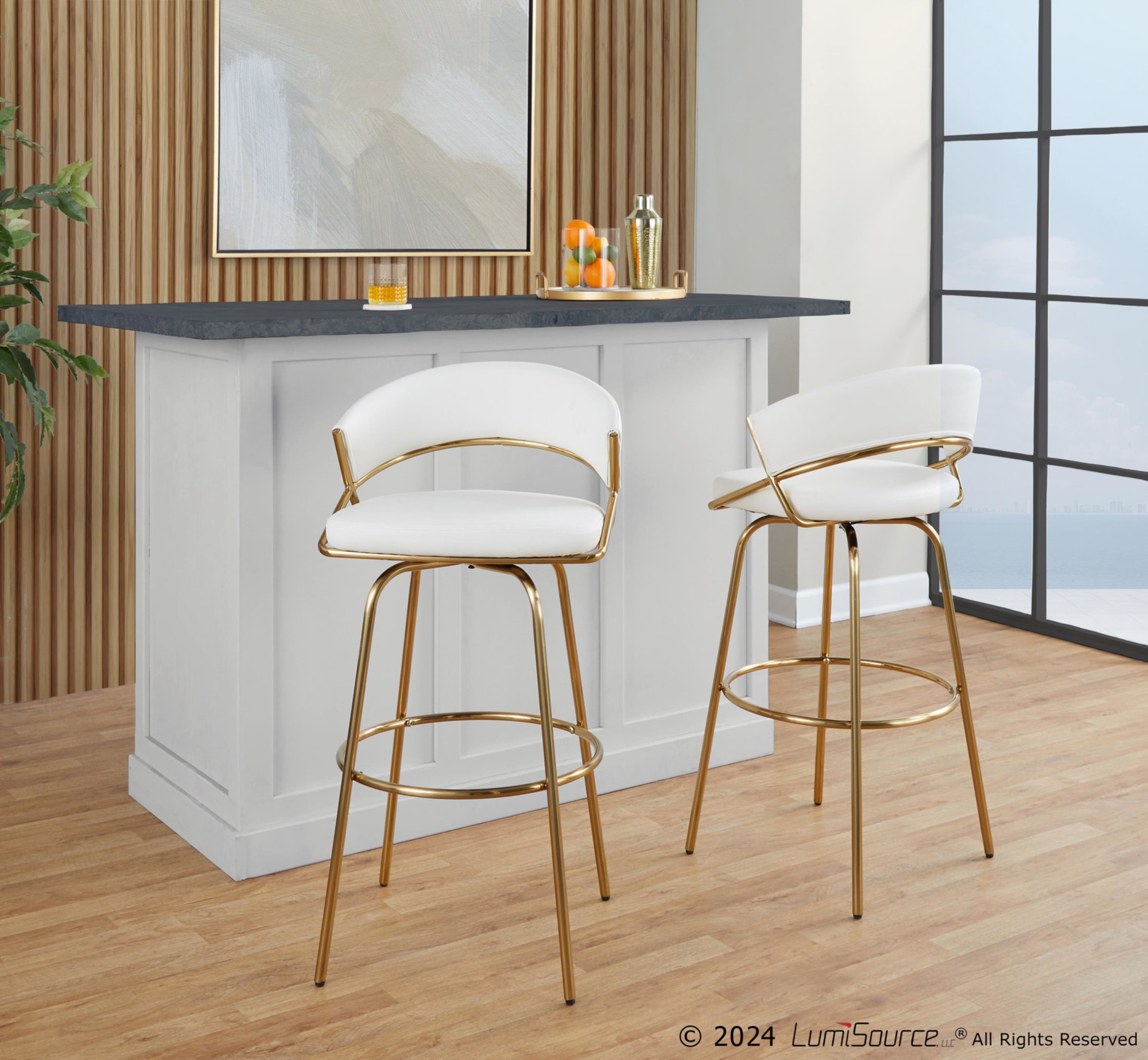 Jie 30-Inch Gold Contemporary Swivel Barstool White Faux Leather (Set of 2) 2 Jie 30-Inch Gold Contemporary Swivel Barstool White Faux Leather (Set of 2) - Image 2
