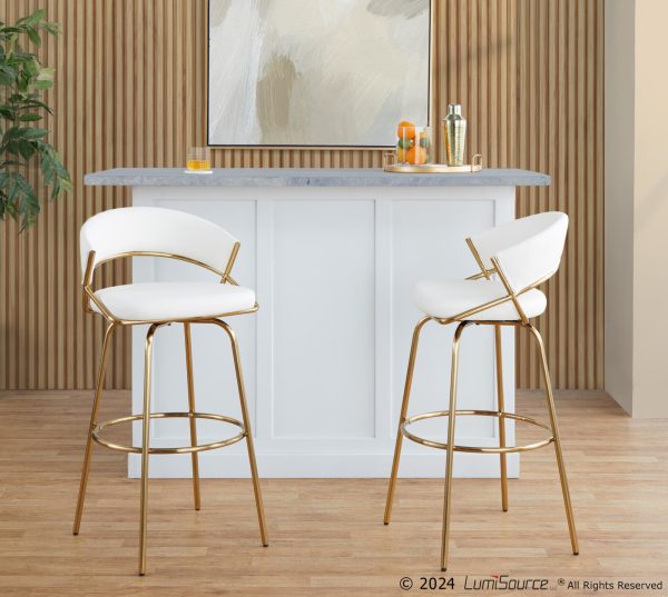 Jie 30 Inch Gold Contemporary Swivel Barstool White Faux Leather Set of 2 3