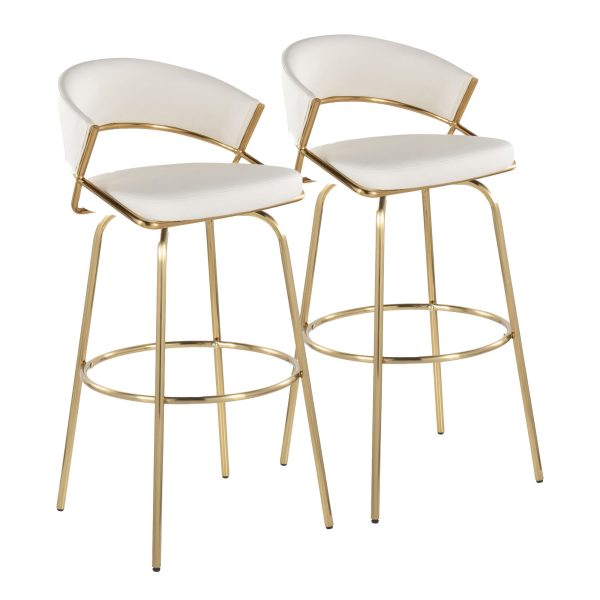 Jie 30 Inch Gold Contemporary Swivel Barstool White Faux Leather Set of 2 4