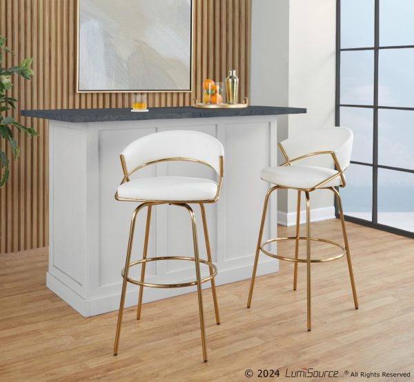 Jie 30 Inch Gold Contemporary Swivel Barstool White Faux Leather Set of 2