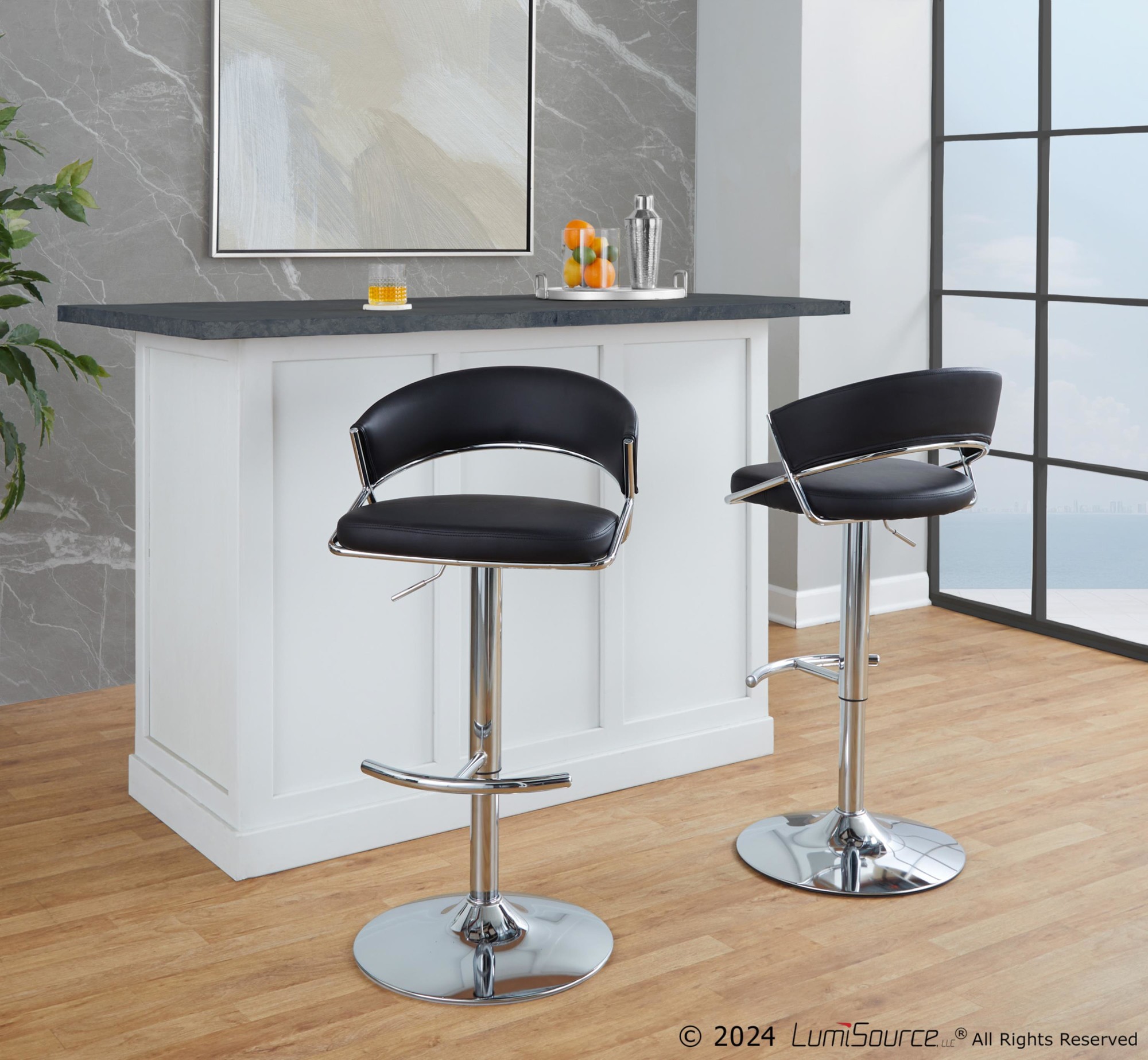 Jie Chrome and Black Faux Leather Contemporary Barstool (Set of 2) 2 Jie Chrome and Black Faux Leather Contemporary Barstool (Set of 2) - Image 2