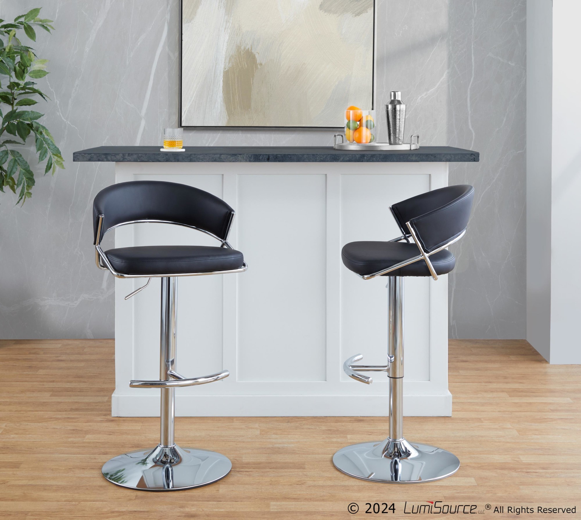 Jie Chrome and Black Faux Leather Contemporary Barstool (Set of 2) 3 Jie Chrome and Black Faux Leather Contemporary Barstool (Set of 2) - Image 3