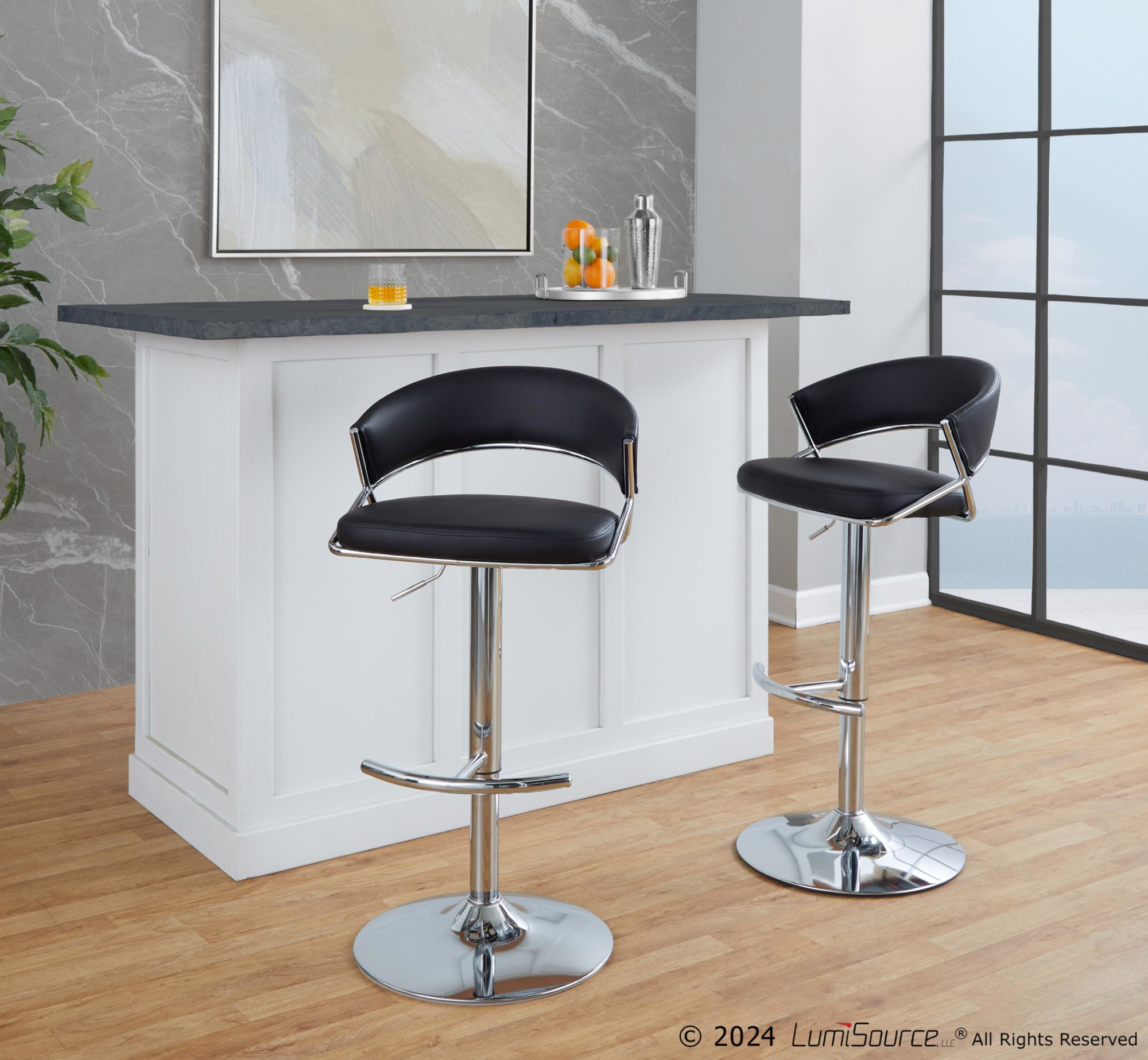 Jie Chrome and Black Faux Leather Contemporary Barstool (Set of 2) 1 Jie Chrome and Black Faux Leather Contemporary Barstool (Set of 2)