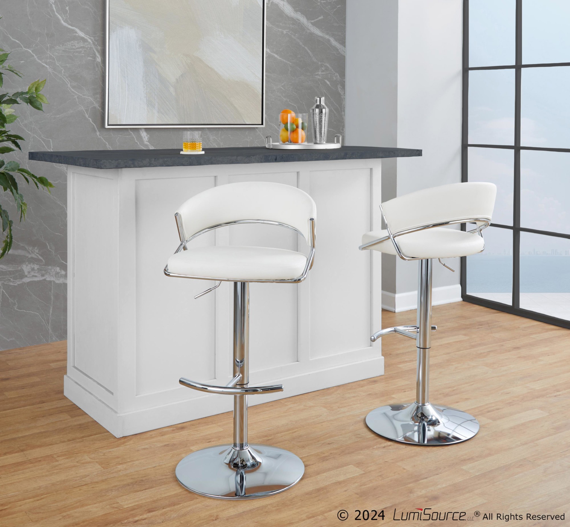 Jie Chrome and White Contemporary Swivel Barstools (Set of 2) 2 Jie Chrome and White Contemporary Swivel Barstools (Set of 2) - Image 2