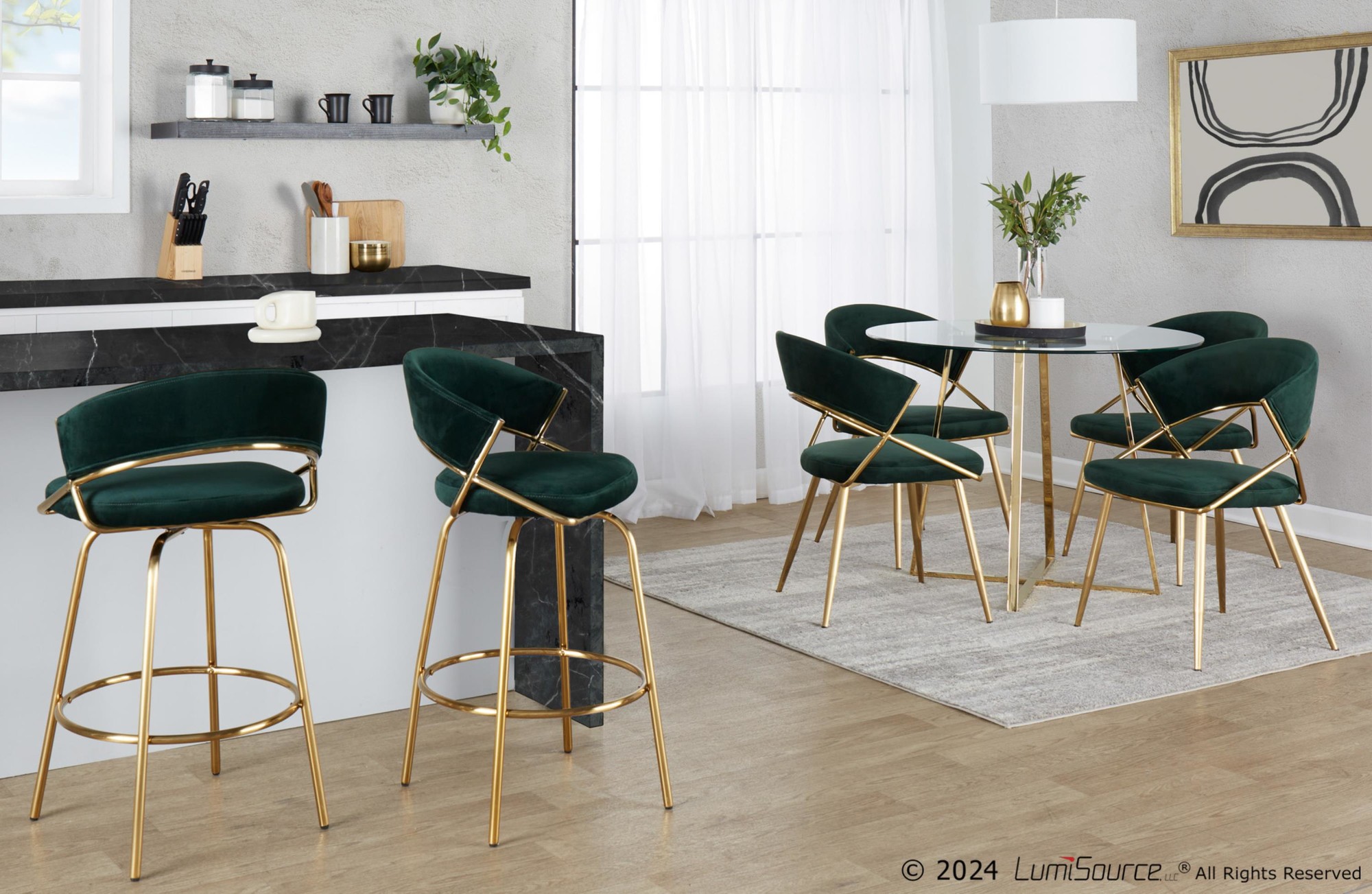 Jie Glam Green Velvet Gold Counter Stools (Set of 2) 2 Jie Glam Green Velvet Gold Counter Stools (Set of 2) - Image 2