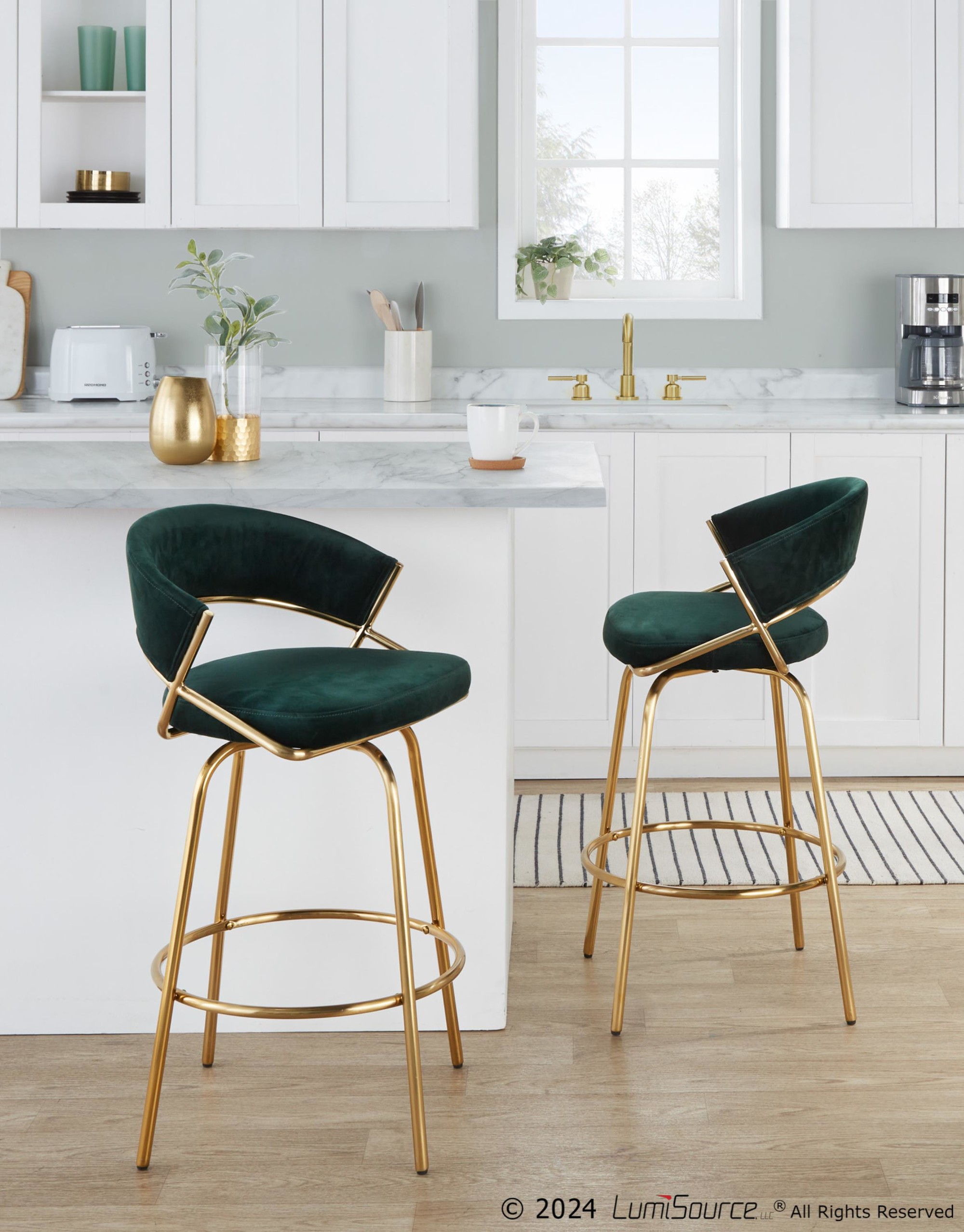 Jie Glam Green Velvet Gold Counter Stools (Set of 2) 3 Jie Glam Green Velvet Gold Counter Stools (Set of 2) - Image 3