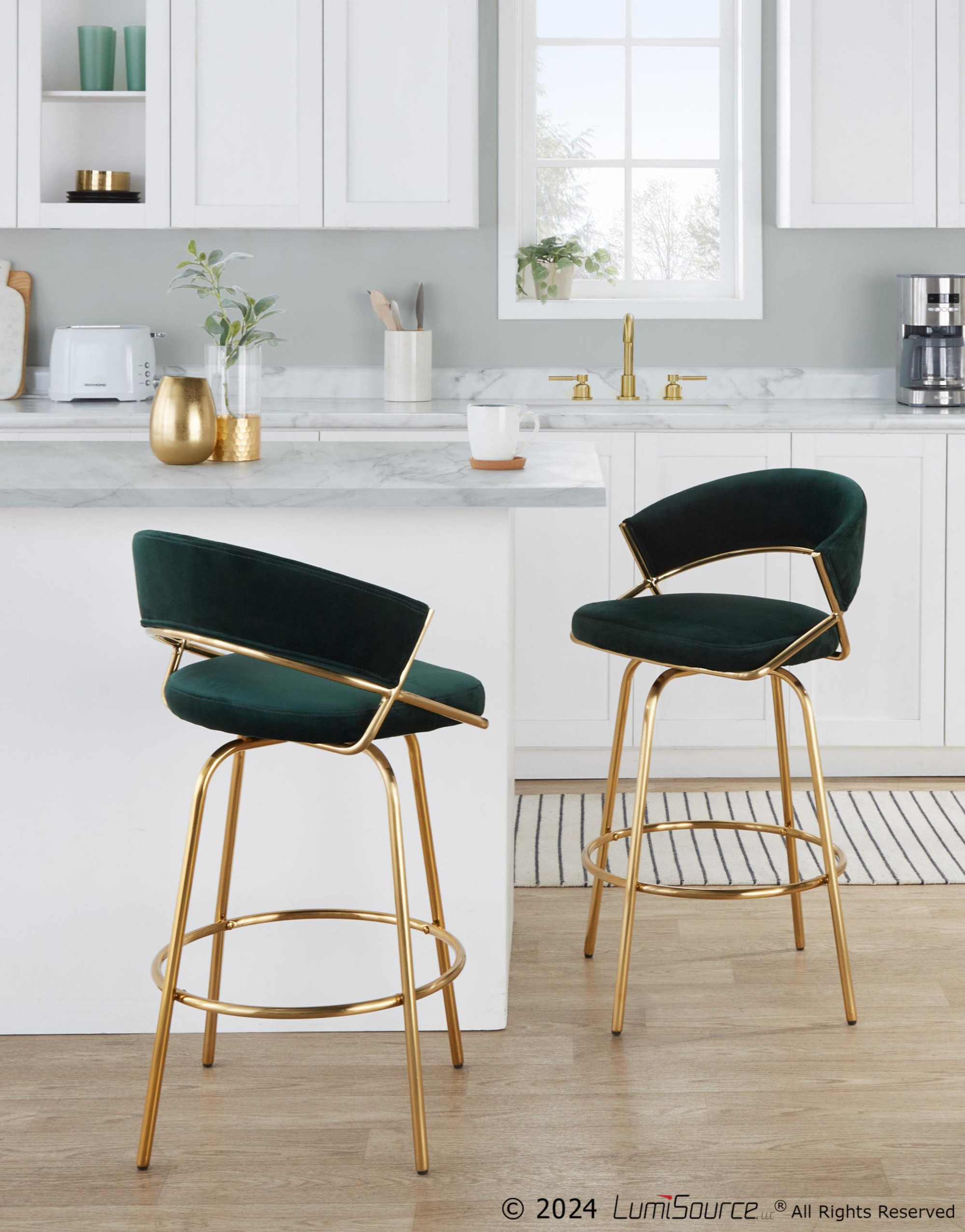 Jie Glam Green Velvet Gold Counter Stools (Set of 2) 4 Jie Glam Green Velvet Gold Counter Stools (Set of 2) - Image 4