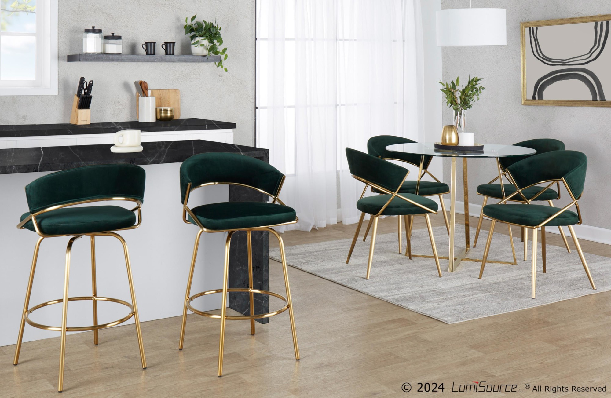 Jie Glam Green Velvet Gold Counter Stools (Set of 2) 1 Jie Glam Green Velvet Gold Counter Stools (Set of 2)