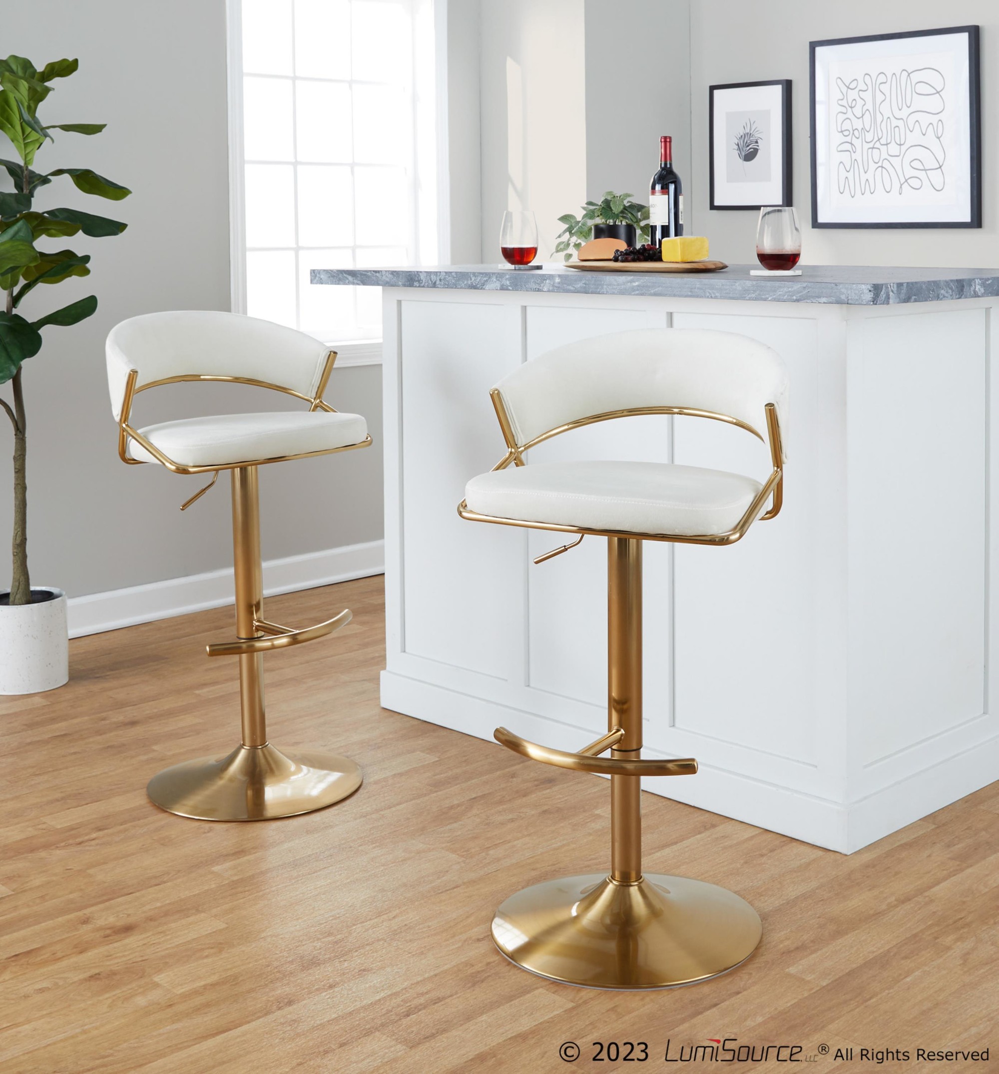 Jie Gold Cream Velvet Swivel Contemporary Barstool (Set of 2) 2 Jie Gold Cream Velvet Swivel Contemporary Barstool (Set of 2) - Image 2