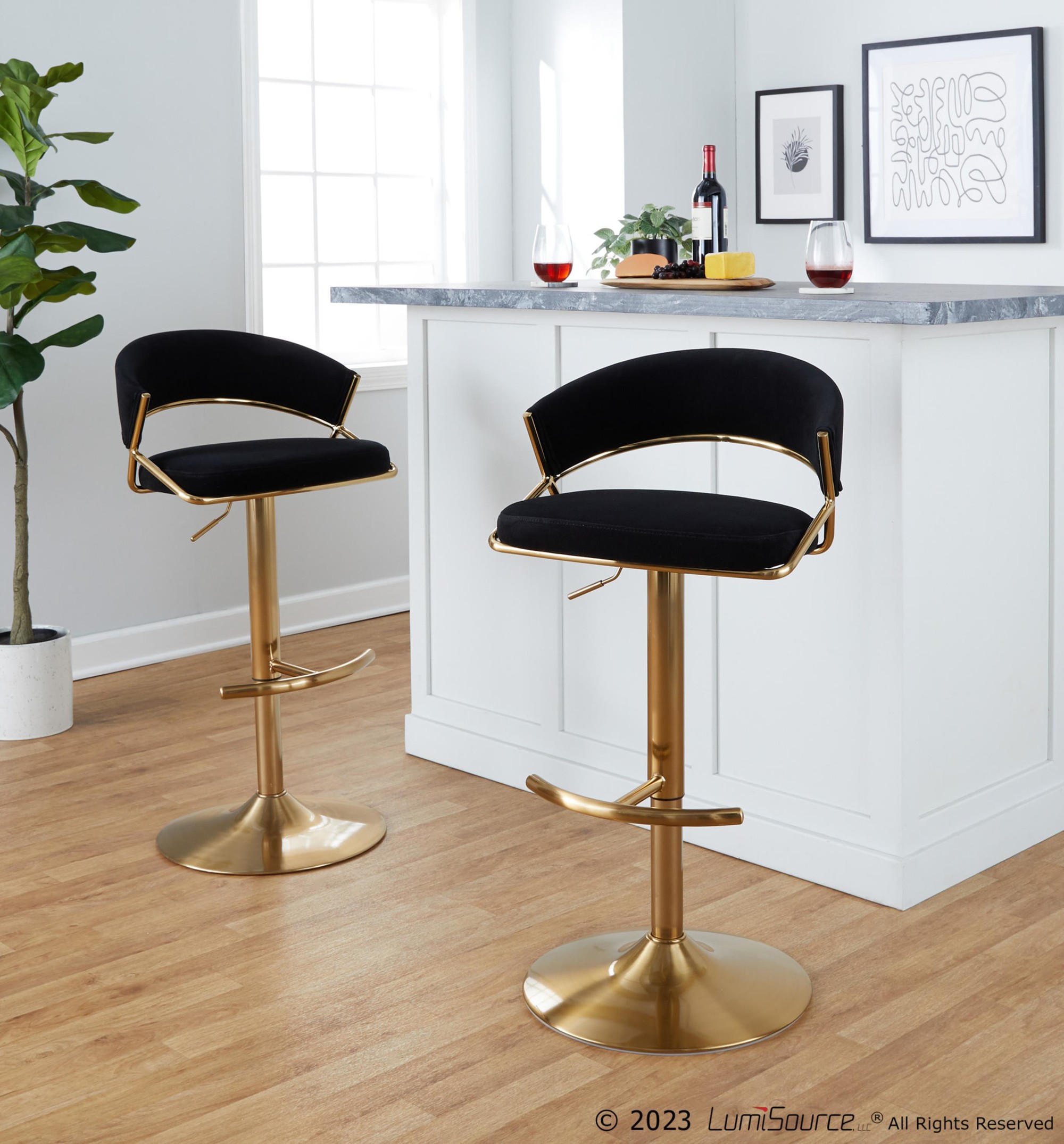 Jie Gold Metal Black Velvet Contemporary Swivel Barstool (Set of 2) 2 Jie Gold Metal Black Velvet Contemporary Swivel Barstool (Set of 2) - Image 2