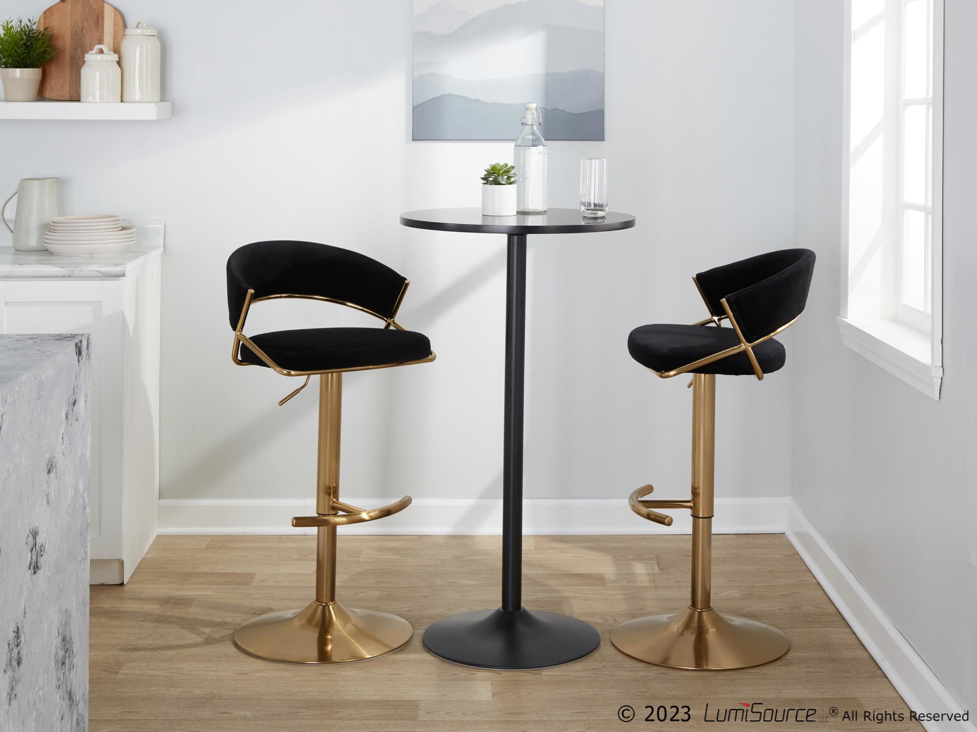 Jie Gold Metal Black Velvet Contemporary Swivel Barstool (Set of 2) 3 Jie Gold Metal Black Velvet Contemporary Swivel Barstool (Set of 2) - Image 3