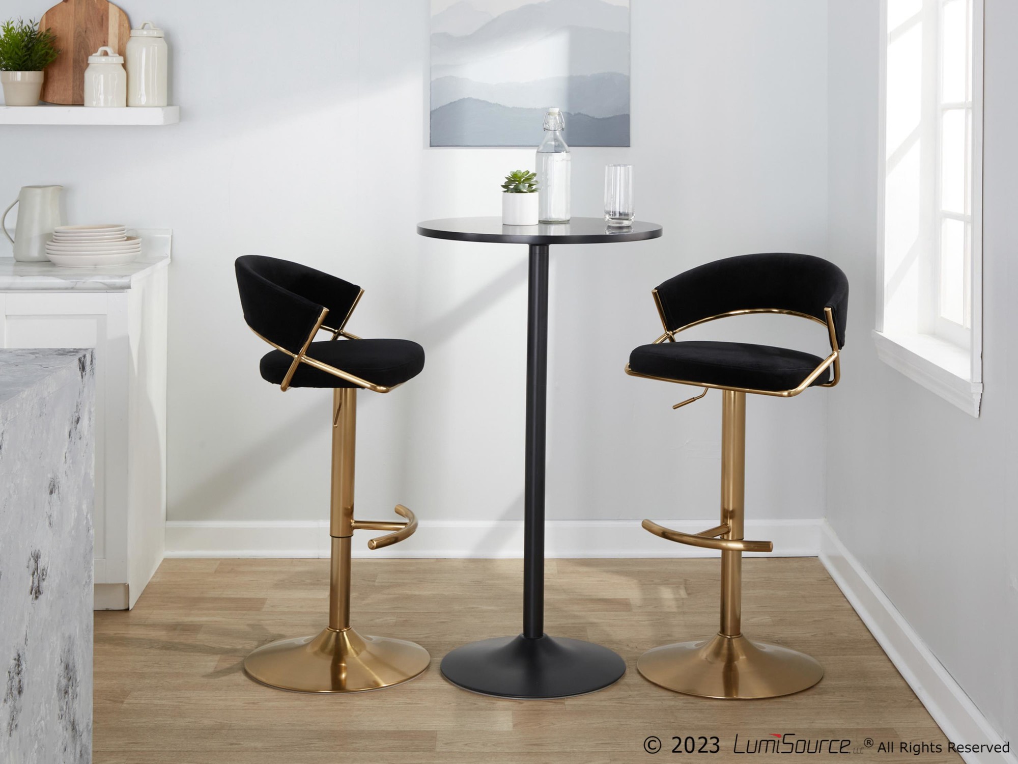 Jie Gold Metal Black Velvet Contemporary Swivel Barstool (Set of 2) 4 Jie Gold Metal Black Velvet Contemporary Swivel Barstool (Set of 2) - Image 4