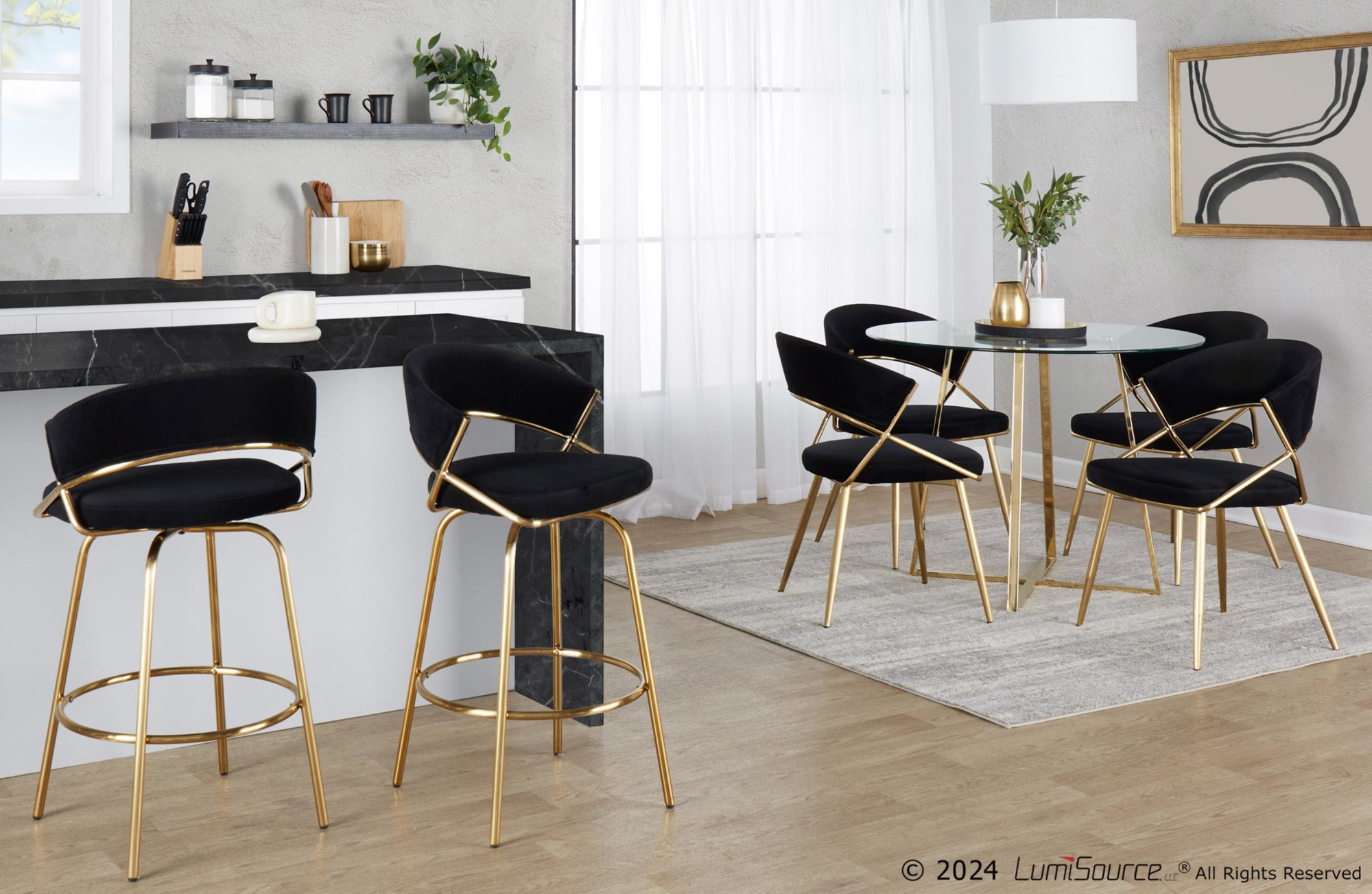 Jie Gold Metal Black Velvet Swivel Counter Stool (Set of 2) 2 Jie Gold Metal Black Velvet Swivel Counter Stool (Set of 2) - Image 2