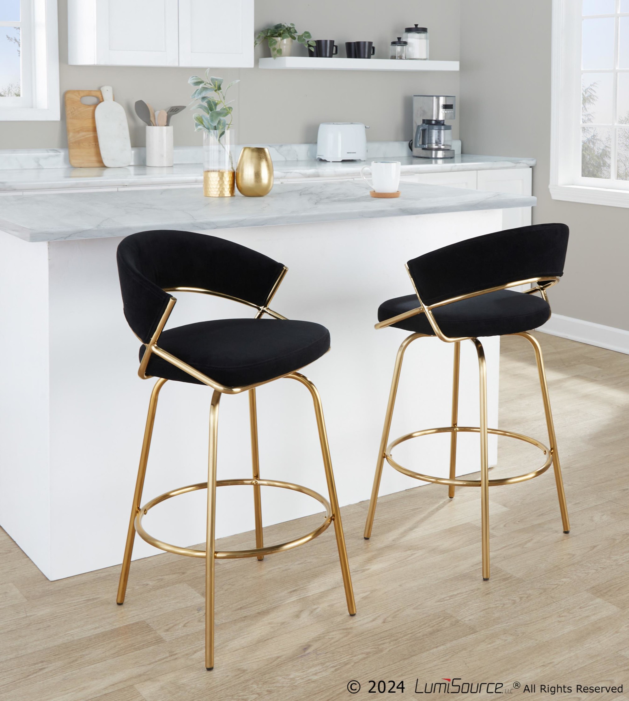 Jie Gold Metal Black Velvet Swivel Counter Stool (Set of 2) 5 Jie Gold Metal Black Velvet Swivel Counter Stool (Set of 2) - Image 5
