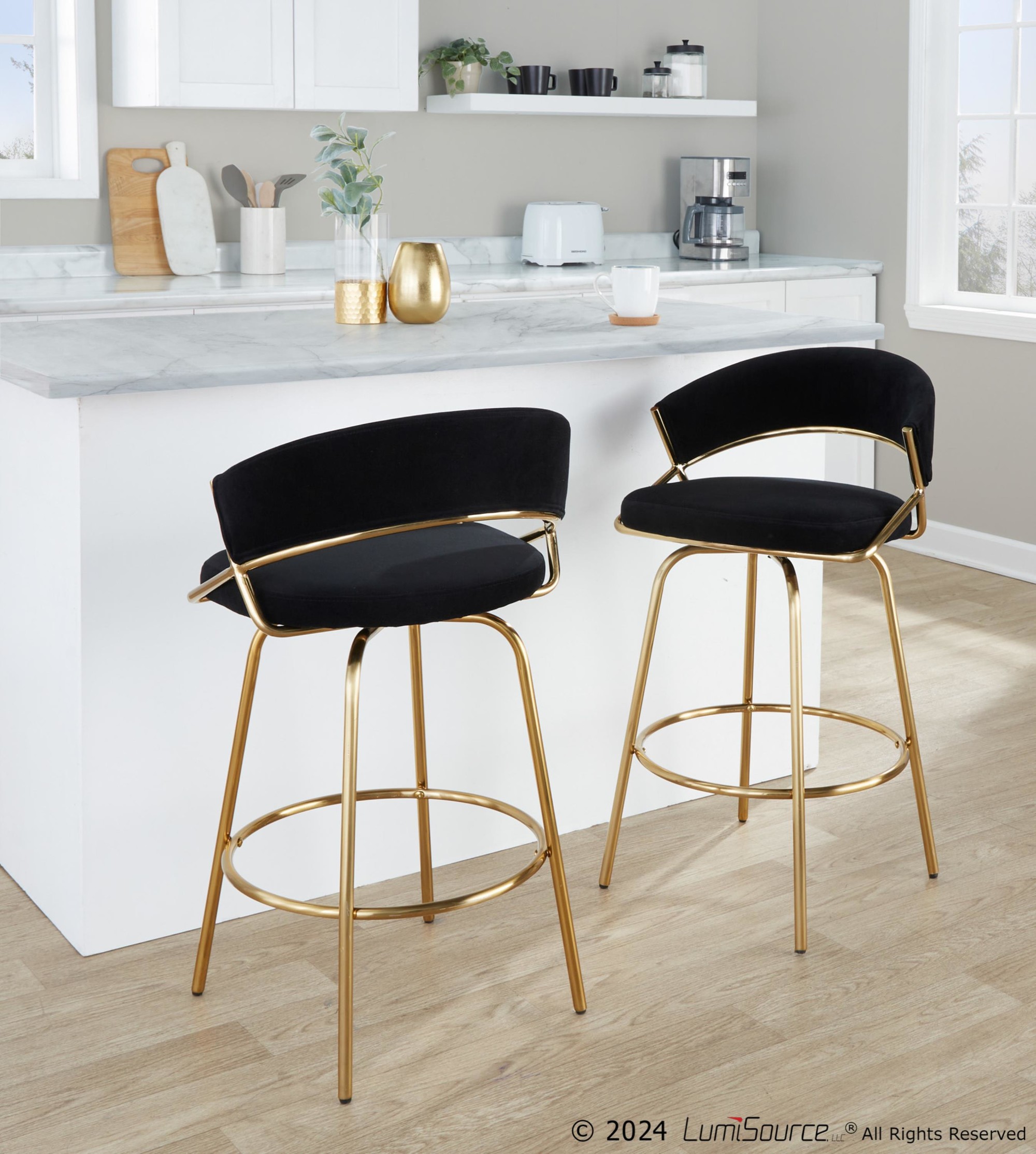 Jie Gold Metal Black Velvet Swivel Counter Stool (Set of 2) 6 Jie Gold Metal Black Velvet Swivel Counter Stool (Set of 2) - Image 6