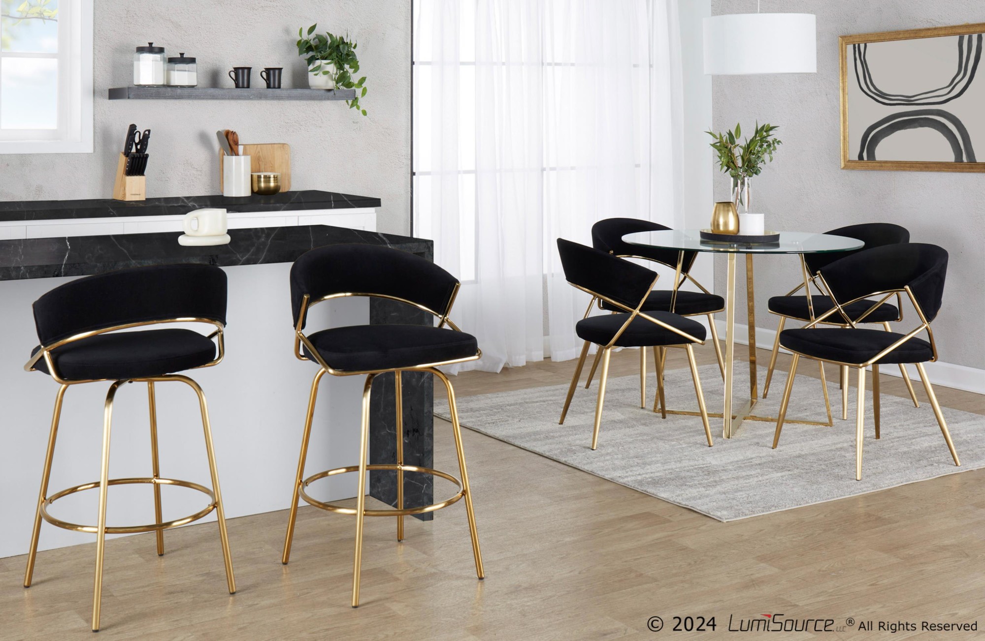 Jie Gold Metal Black Velvet Swivel Counter Stool (Set of 2) 1 Jie Gold Metal Black Velvet Swivel Counter Stool (Set of 2)