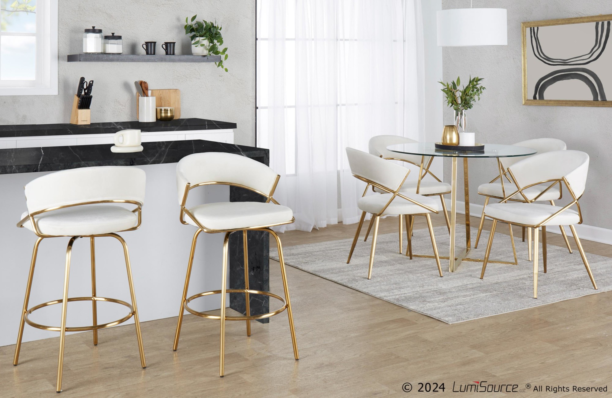 Jie Gold Metal Cream Velvet Swivel Counter Stool (Set of 2) 2 Jie Gold Metal Cream Velvet Swivel Counter Stool (Set of 2) - Image 2