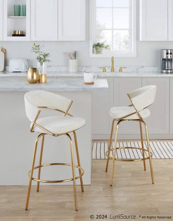 Jie Gold Metal Cream Velvet Swivel Counter Stool Set of 2 2