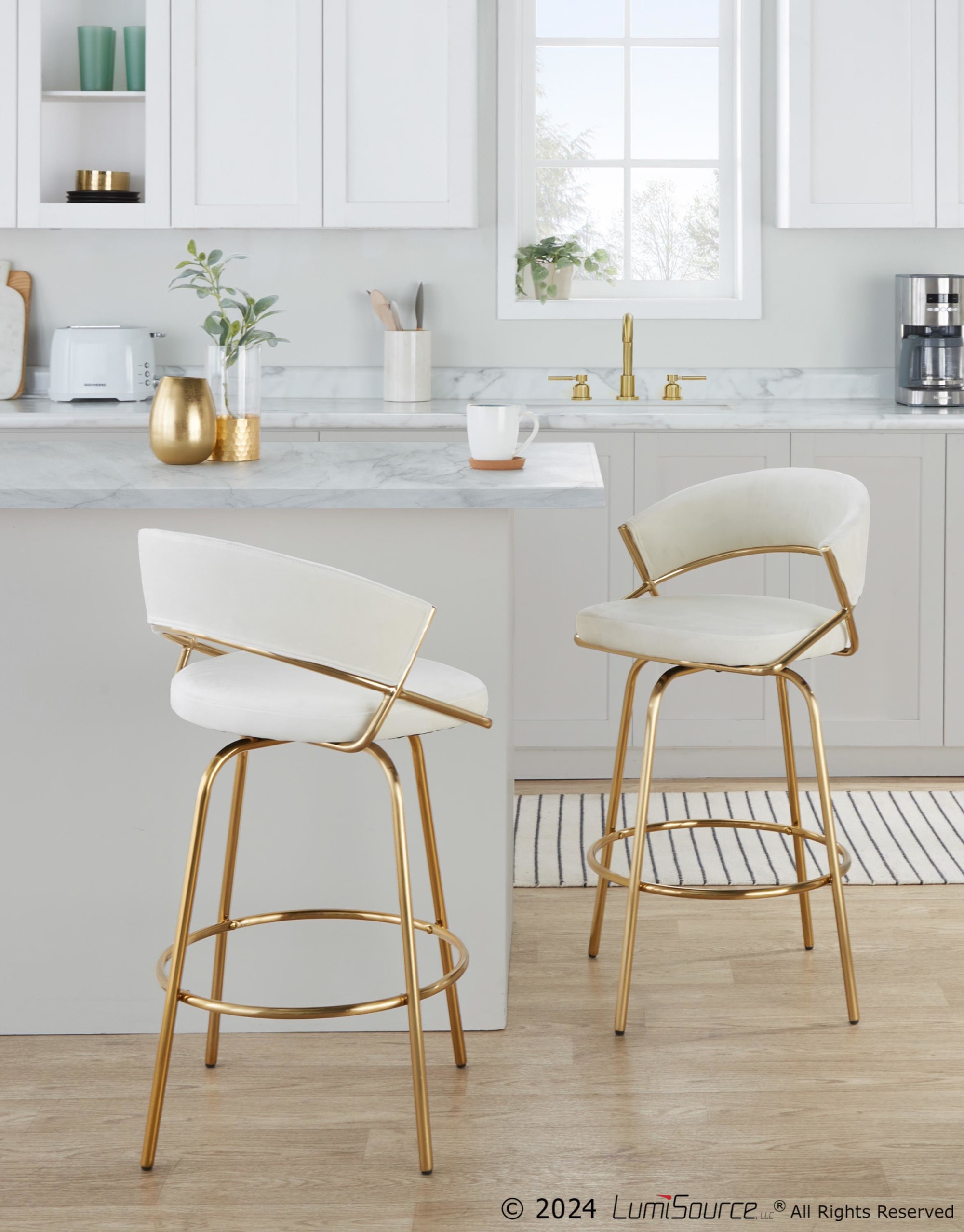 Jie Gold Metal Cream Velvet Swivel Counter Stool (Set of 2) 4 Jie Gold Metal Cream Velvet Swivel Counter Stool (Set of 2) - Image 4