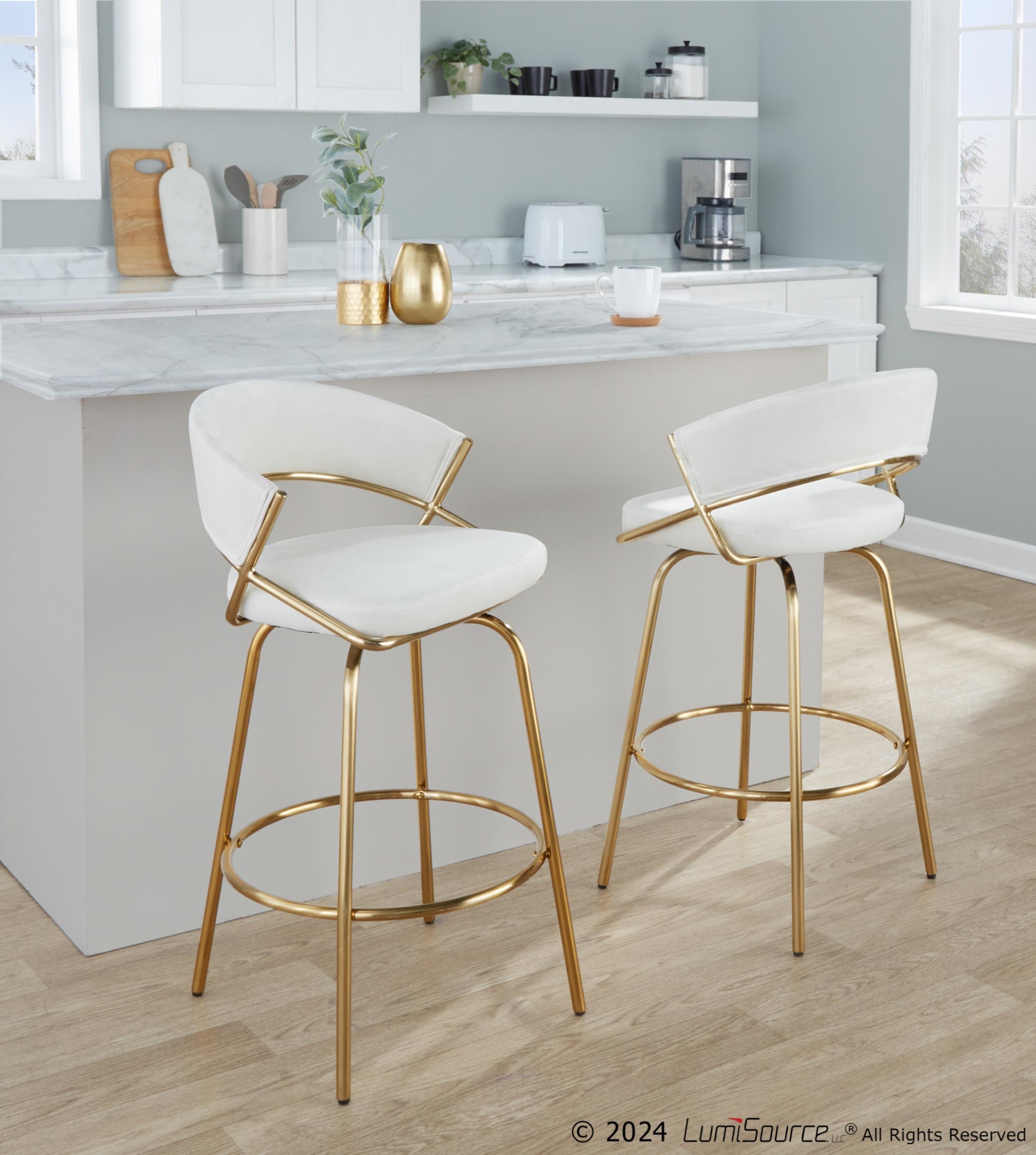 Jie Gold Metal Cream Velvet Swivel Counter Stool (Set of 2) 5 Jie Gold Metal Cream Velvet Swivel Counter Stool (Set of 2) - Image 5