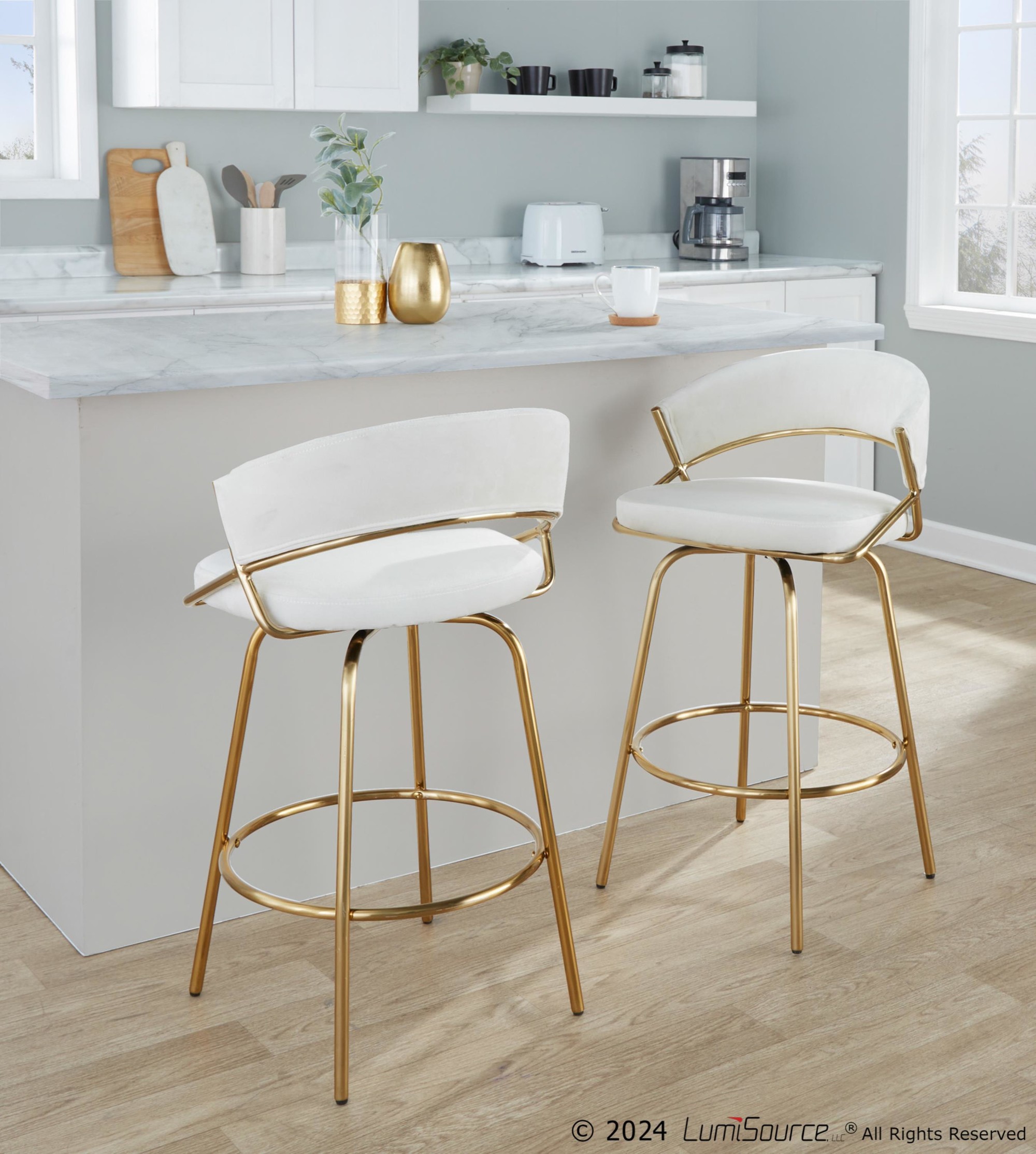 Jie Gold Metal Cream Velvet Swivel Counter Stool (Set of 2) 6 Jie Gold Metal Cream Velvet Swivel Counter Stool (Set of 2) - Image 6