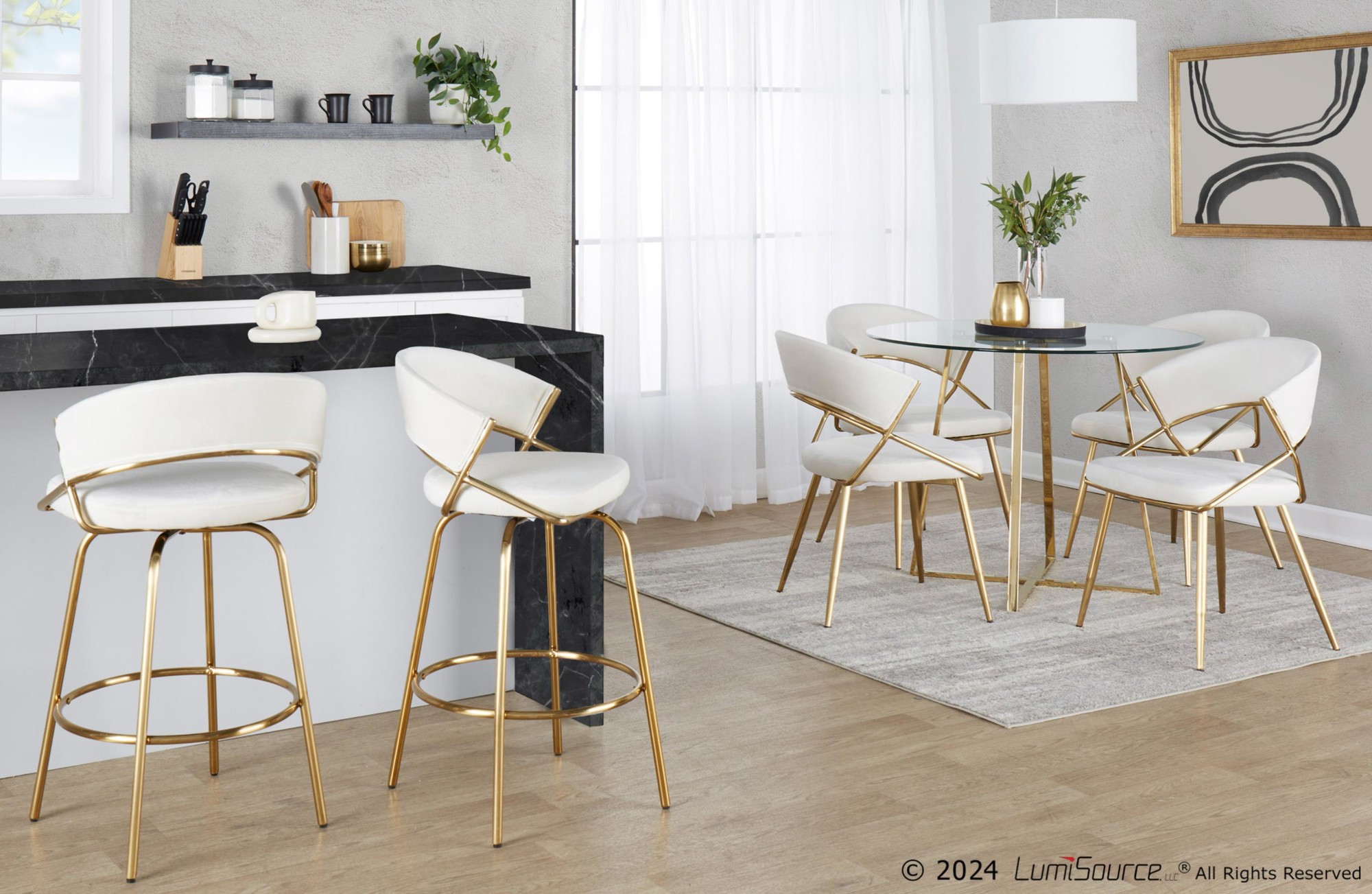 Jie Gold Metal Cream Velvet Swivel Counter Stool (Set of 2) 1 Jie Gold Metal Cream Velvet Swivel Counter Stool (Set of 2)