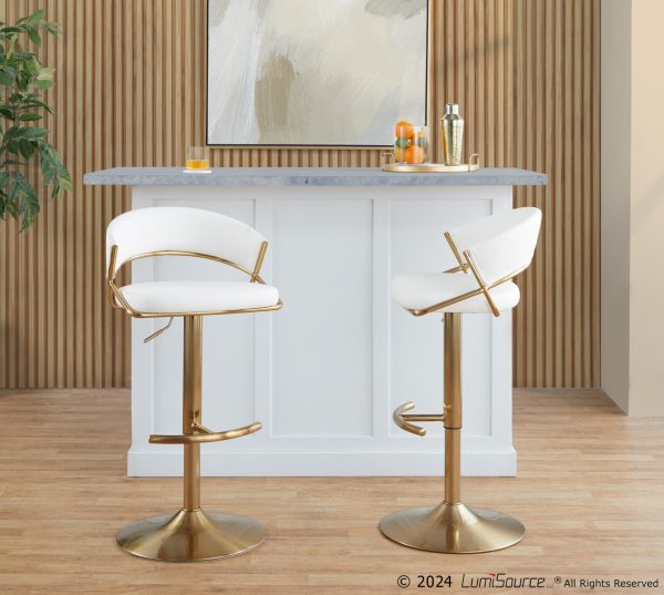 Jie Gold Metal White Faux Leather Contemporary Swivel Barstools Set of 2 2