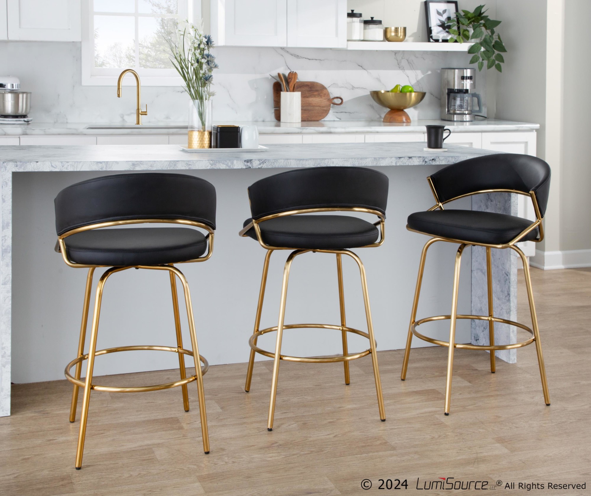 Jie Gold and Black Faux Leather Contemporary Counter Stools (Set of 2) 2 Jie Gold and Black Faux Leather Contemporary Counter Stools (Set of 2) - Image 2