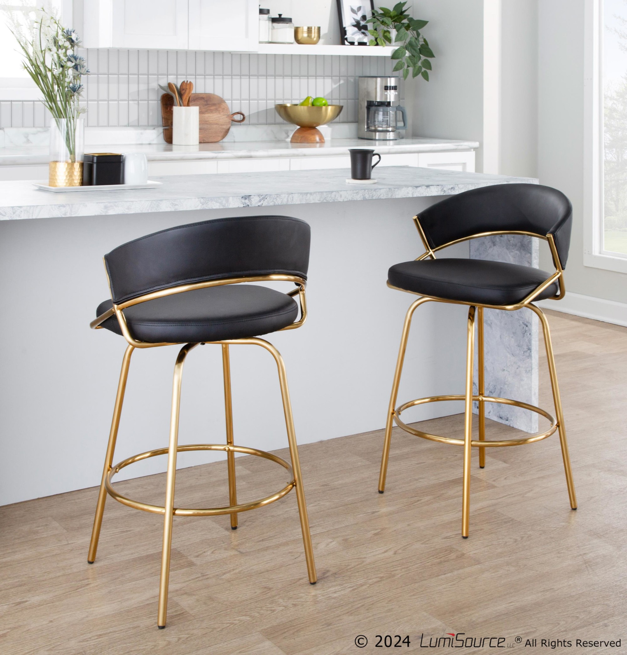 Jie Gold and Black Faux Leather Contemporary Counter Stools (Set of 2) 3 Jie Gold and Black Faux Leather Contemporary Counter Stools (Set of 2) - Image 3