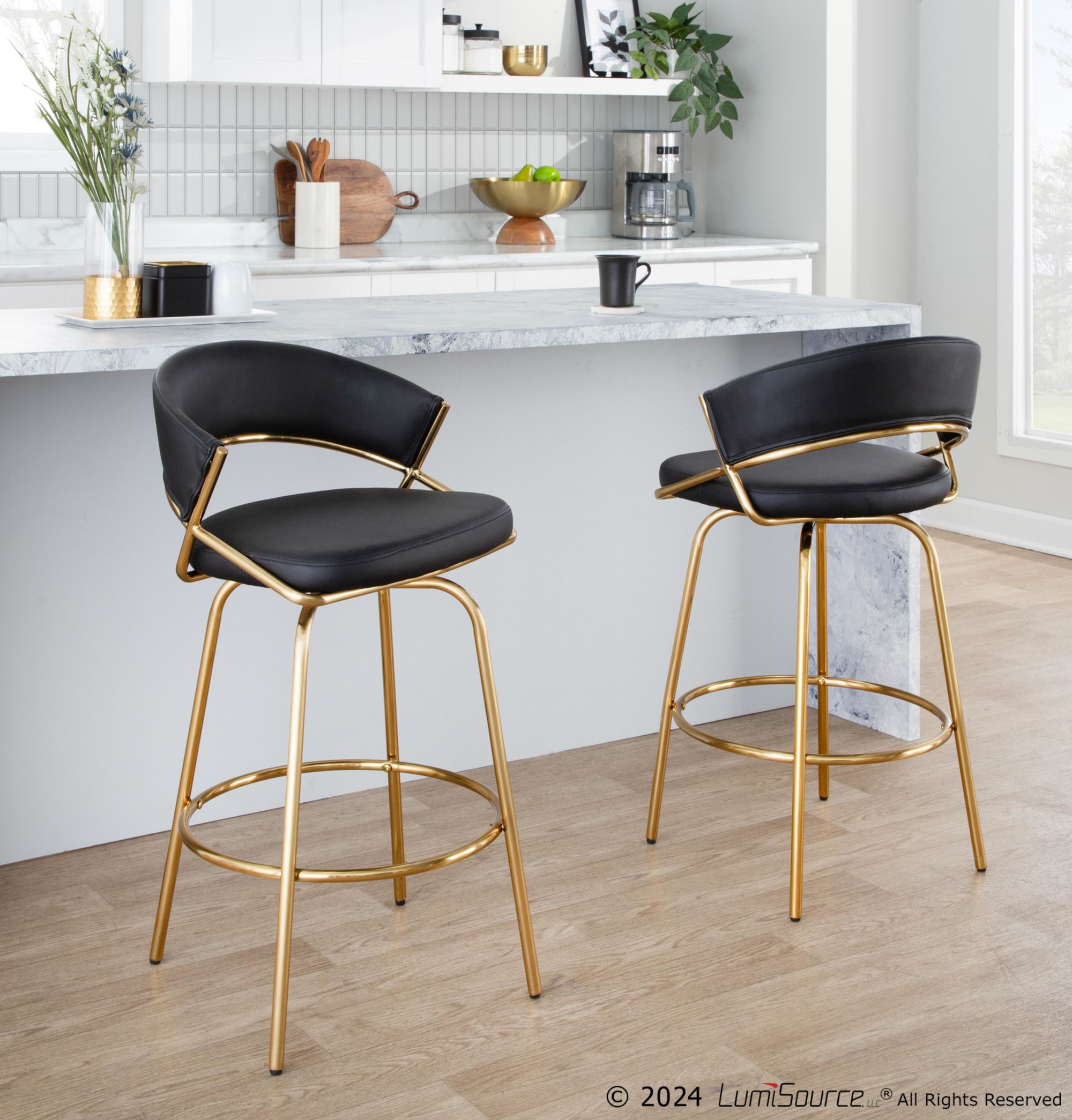 Jie Gold and Black Faux Leather Contemporary Counter Stools (Set of 2) 4 Jie Gold and Black Faux Leather Contemporary Counter Stools (Set of 2) - Image 4