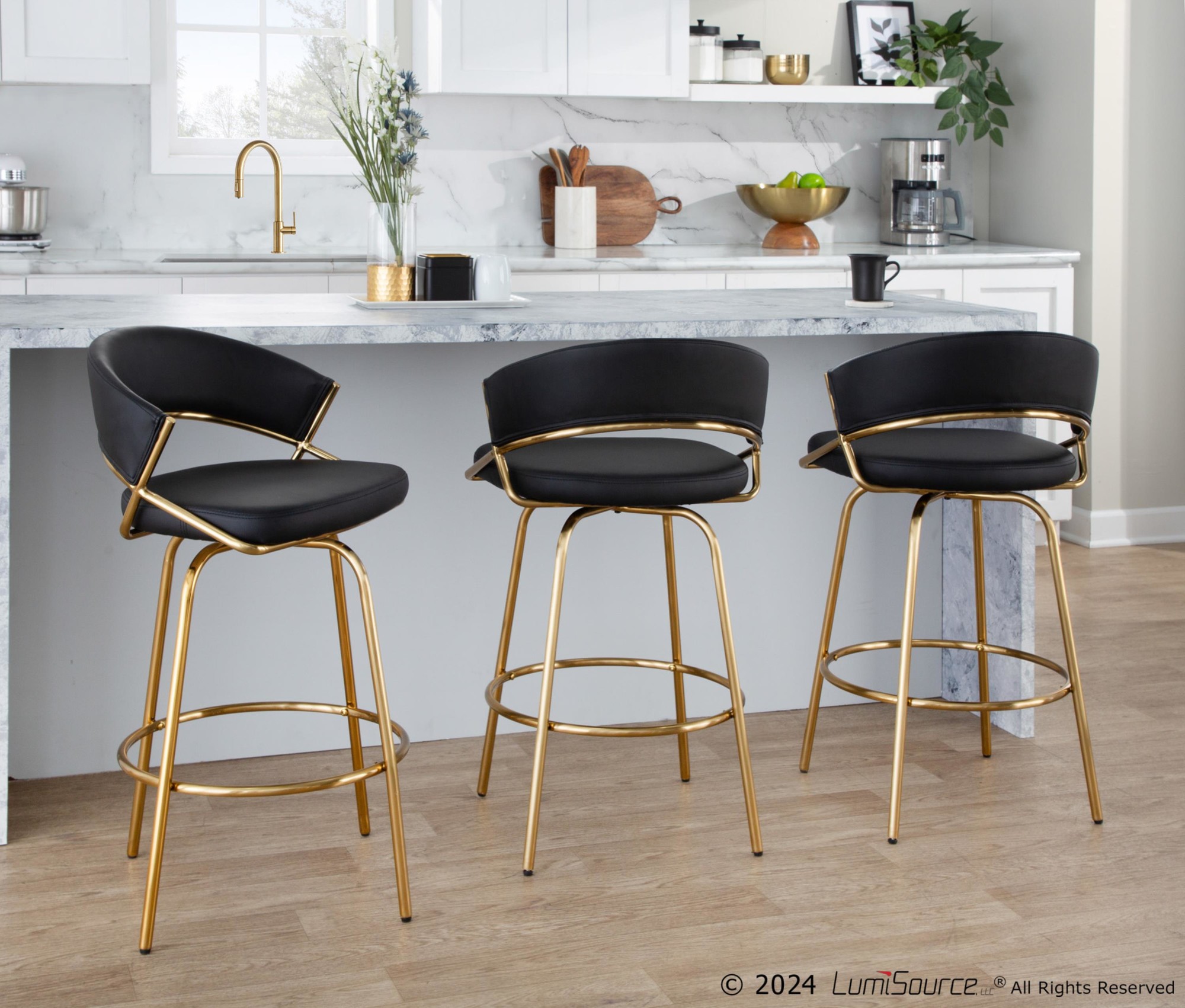 Jie Gold and Black Faux Leather Contemporary Counter Stools (Set of 2) 1 Jie Gold and Black Faux Leather Contemporary Counter Stools (Set of 2)