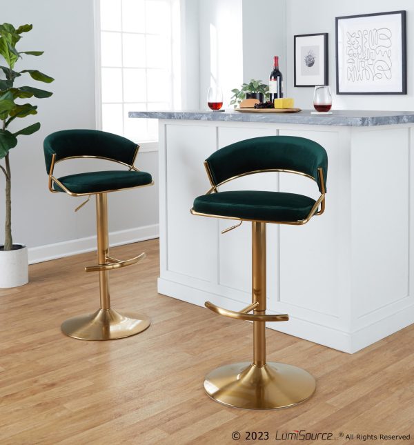 Jie Gold and Green Velvet Contemporary Swivel Barstool Set of 2 1