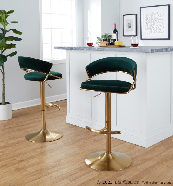 Jie Gold and Green Velvet Contemporary Swivel Barstool Set of 2