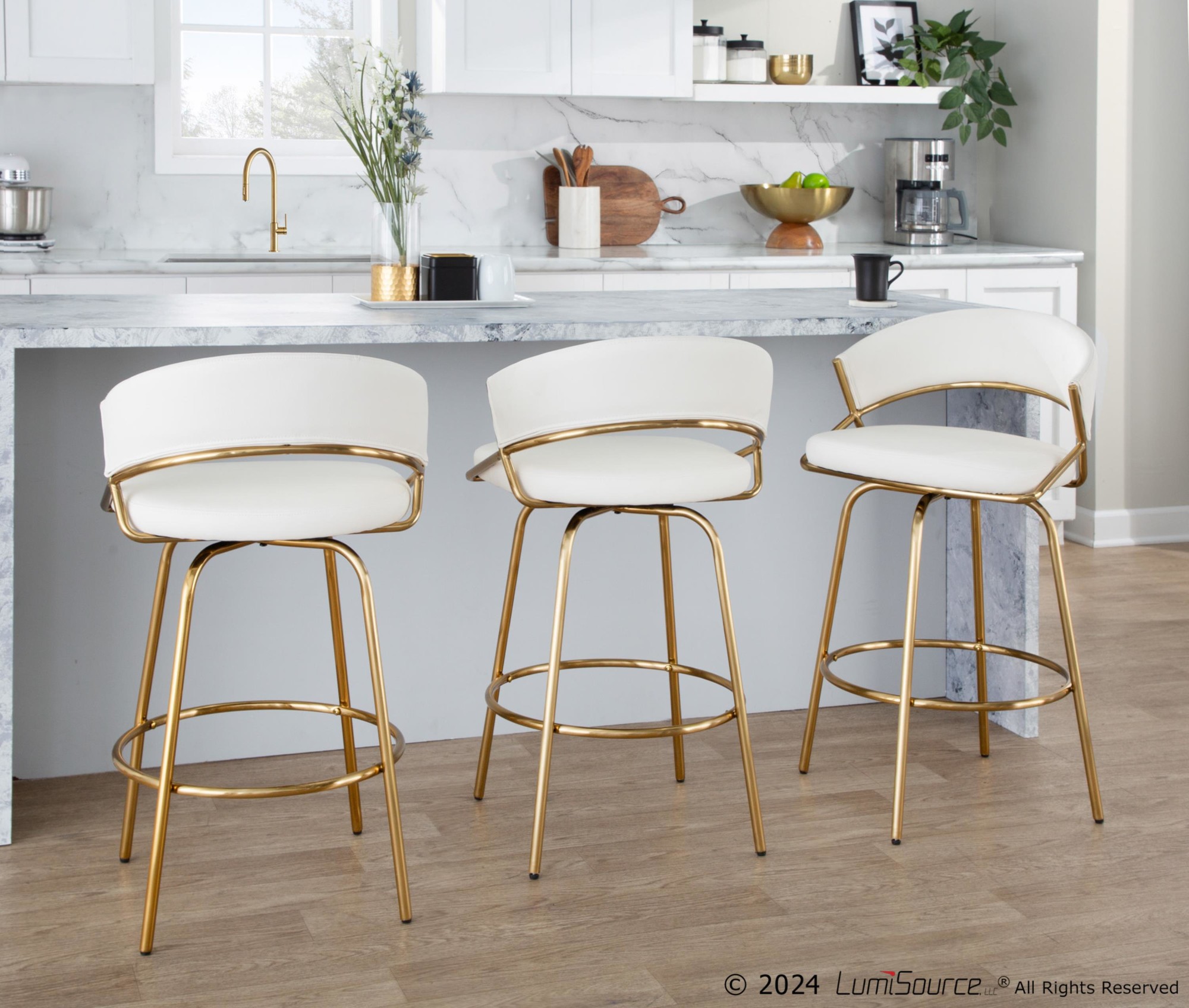 Jie Gold and White Faux Leather Contemporary Counter Stools (Set of 2) 2 Jie Gold and White Faux Leather Contemporary Counter Stools (Set of 2) - Image 2