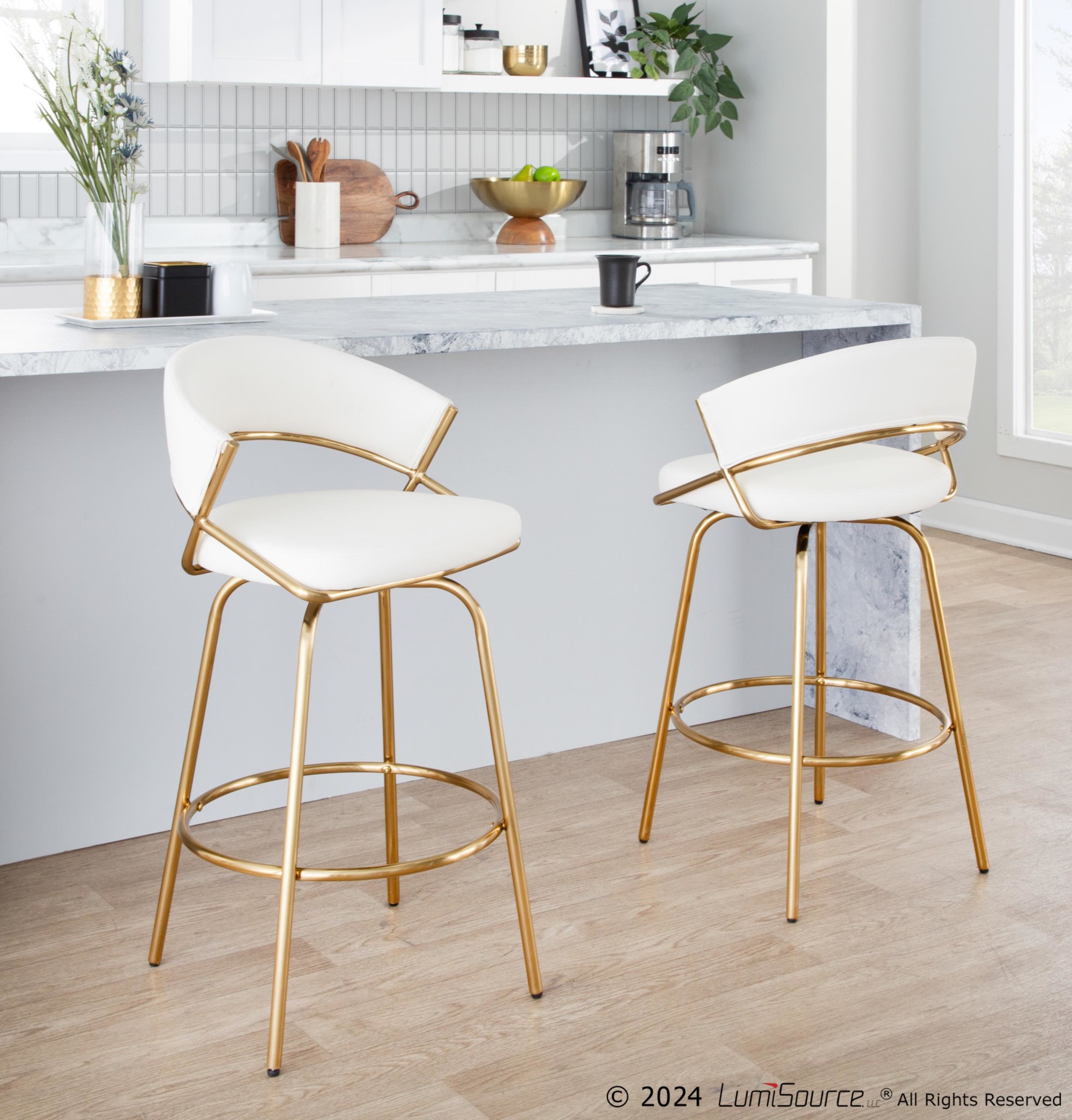 Jie Gold and White Faux Leather Contemporary Counter Stools (Set of 2) 4 Jie Gold and White Faux Leather Contemporary Counter Stools (Set of 2) - Image 4