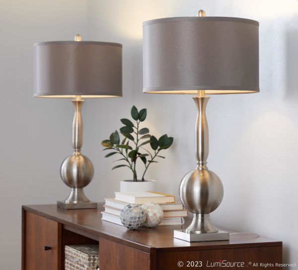 Joan Contemporary Brushed Nickel Table Lamps with Grey Shade Set of 2 1
