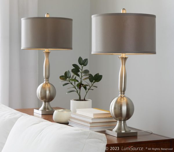 Joan Contemporary Brushed Nickel Table Lamps with Grey Shade Set of 2 2