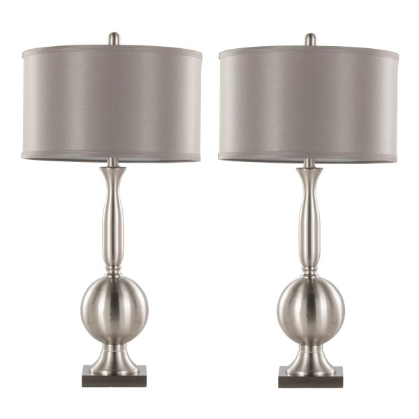 Joan Contemporary Brushed Nickel Table Lamps with Grey Shade Set of 2 3