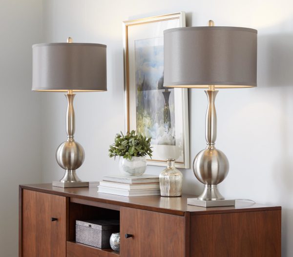 Joan Contemporary Brushed Nickel Table Lamps with Grey Shade Set of 2
