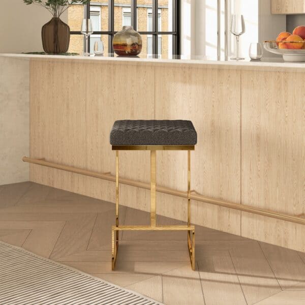 Grey Fabric Mid-Century Modern Backless Bar Stool with Metal Legs