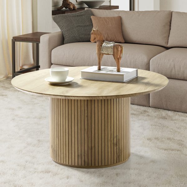 Jon Oak Round Modern Slatted Coffee Table 1