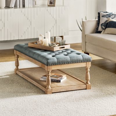 Jordan Blue Rectangular Button Tufted Farmhouse Storage Cocktail Ottoman