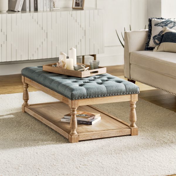Jordan Blue Rectangular Button Tufted Farmhouse Storage Cocktail Ottoman