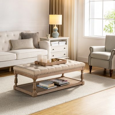 Jordan Button Tufted Rectangular Farmhouse Storage Cocktail Ottoman