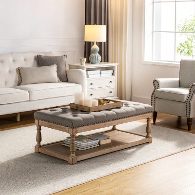 Jordan Grey Farmhouse Button Tufted Rectangular Storage Ottoman