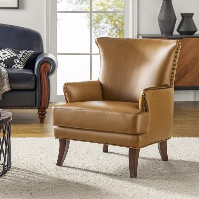 Jorge Camel Vegan Leather Nailhead Trim Accent Armchair