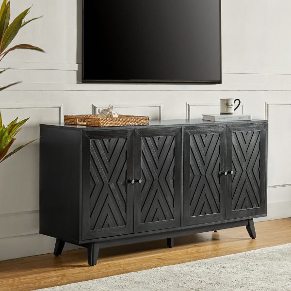 Joseph Black Mid Century Modern Chevron 4 Door Storage Sideboard