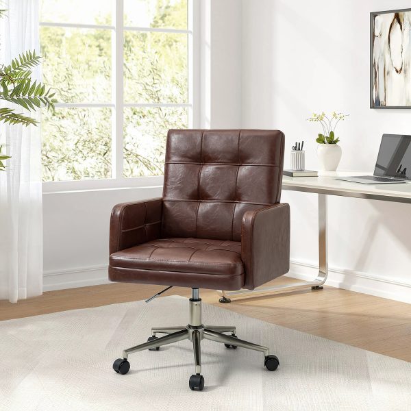 Joseph Brown Faux Leather Button Tufted Industrial Ergonomic Swivel Task Chair