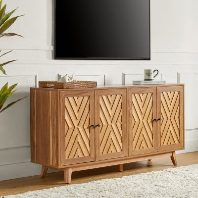 Joseph Walnut Mid-Century Chevron 4-Door Storage Sideboard