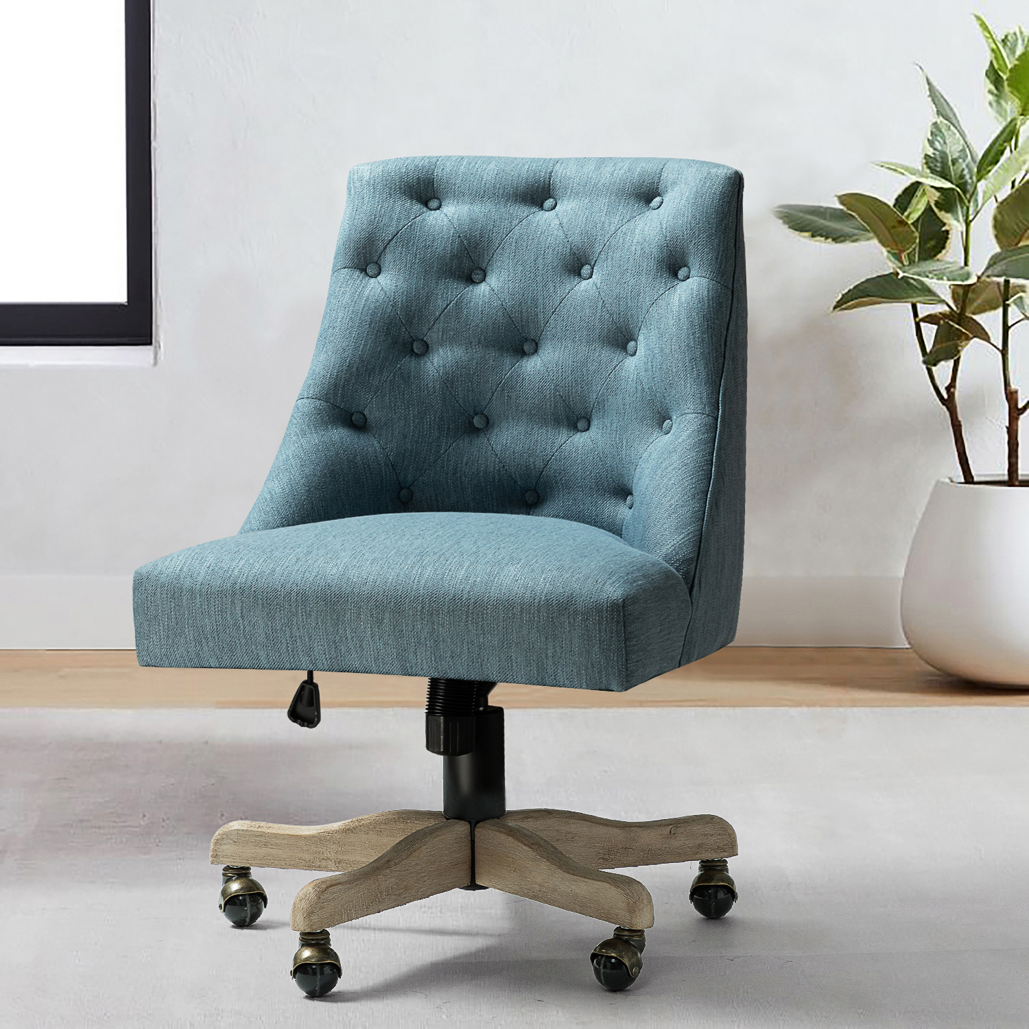 Jovita Blue Linen Button Tufted Ergonomic Adjustable Height Task Chair 1 Jovita Blue Linen Button Tufted Ergonomic Adjustable Height Task Chair